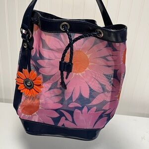 Navy Floral Canvas Tote with Drawstring Closure